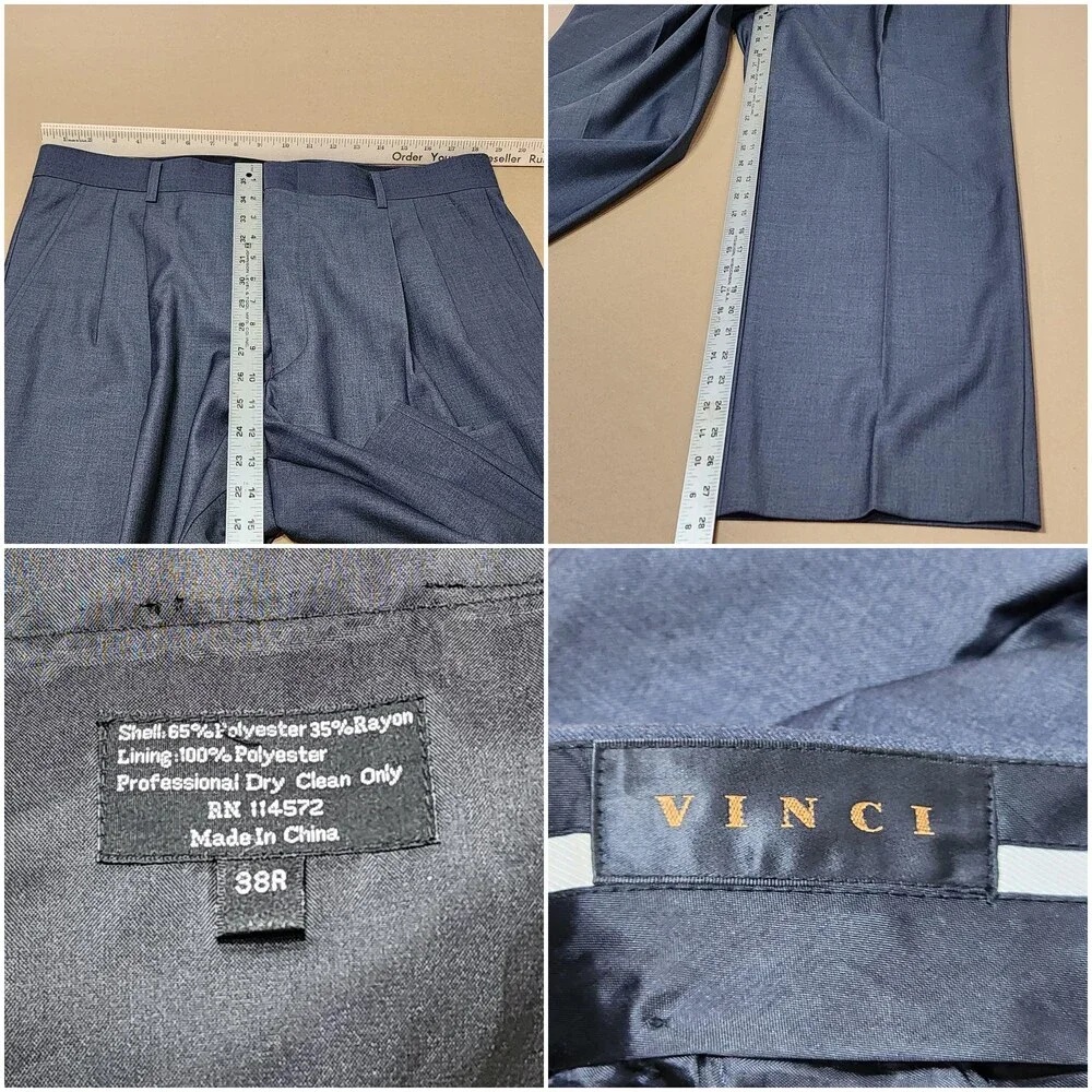 Vinci Suit Mens 44 38x29 Gray Poly Rayon Solid 3 Piece Classic Fit Notch Lapel